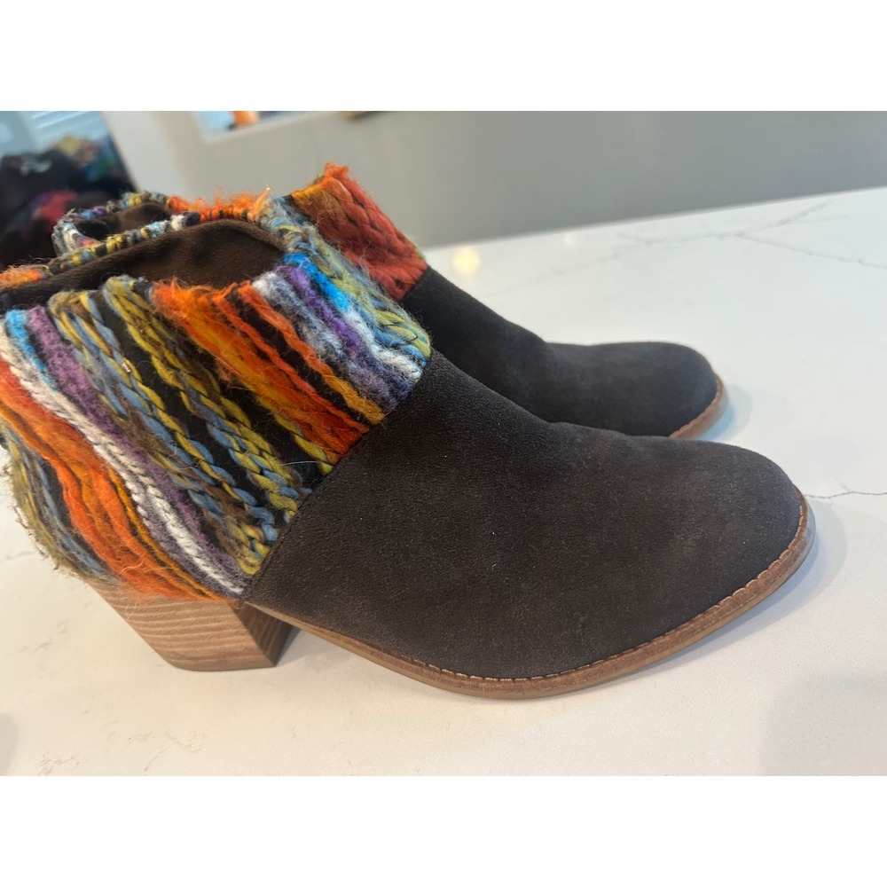 TOMS Ankle Booties Brown Suede Multi-Color Woven Tassel Zip Block Heel Boots